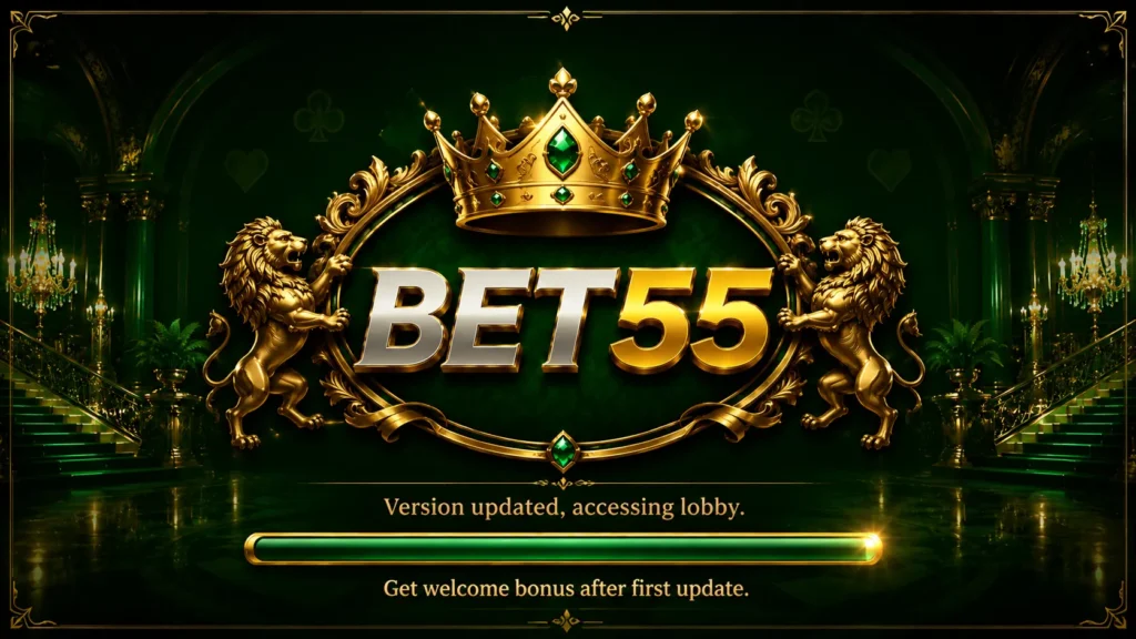 Luxury BET55 game casino-style loading screen with dark green background, golden crown, royal lions, glowing gold logo, and welcome bonus loading bar.